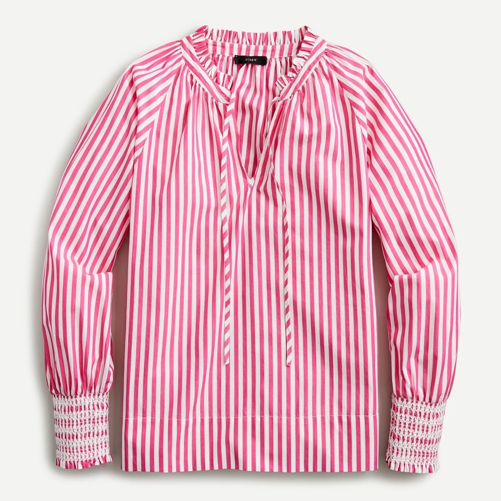 JCrew Smocked-Cuff Popover top in pink stripe
